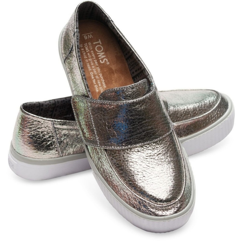 TOMS metallic silvery leather loafers size 8